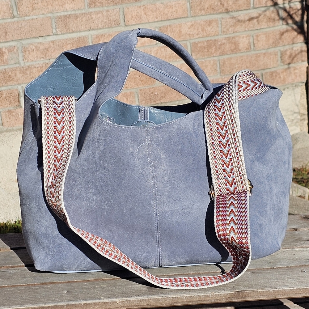 NWOT ah.dorned blue faux suede bag